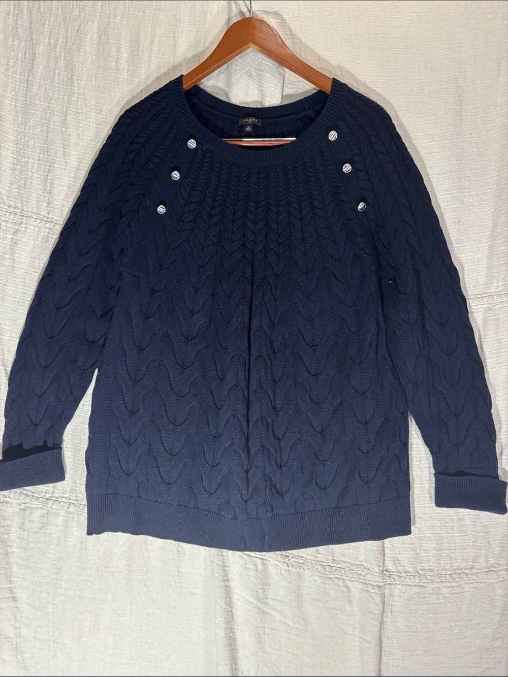 Talbots Plus 2X Navy Blue Cable-Knit Sweater with Shoulder Buttons Raglan Cozy